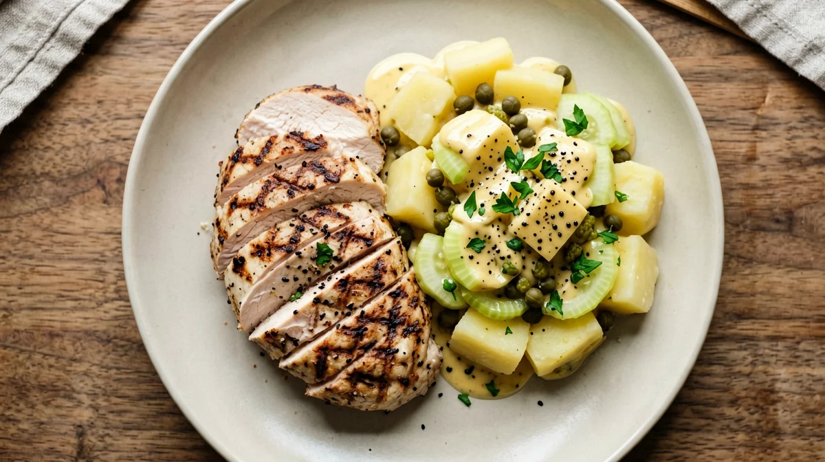 Grilled turkey with potato, celery and caper salad