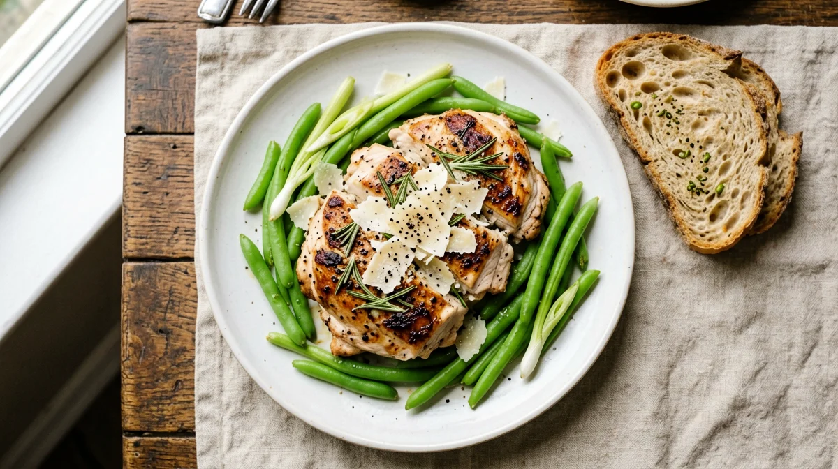 Rosemary turkey with broad beans, pecorino and bread