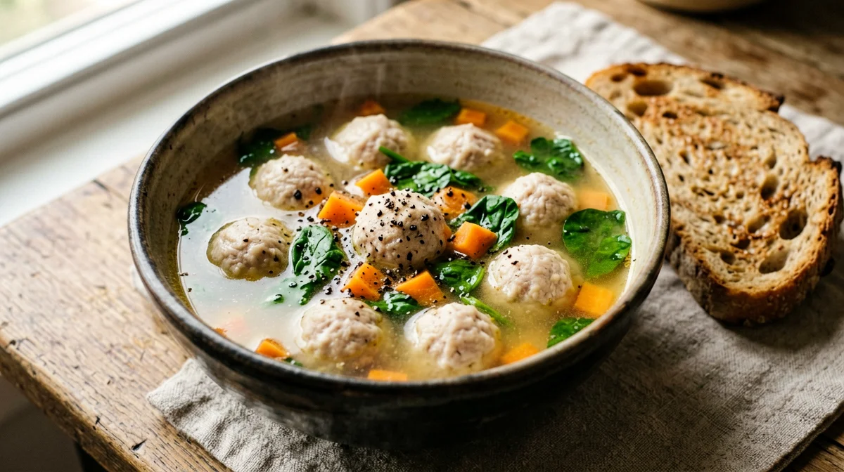 Polpettine di tacchino e ricotta in brodo con verdure e pane