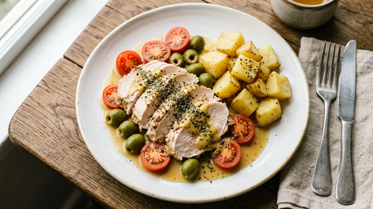 Turkey in cherry tomato and olive sauce with potatoes