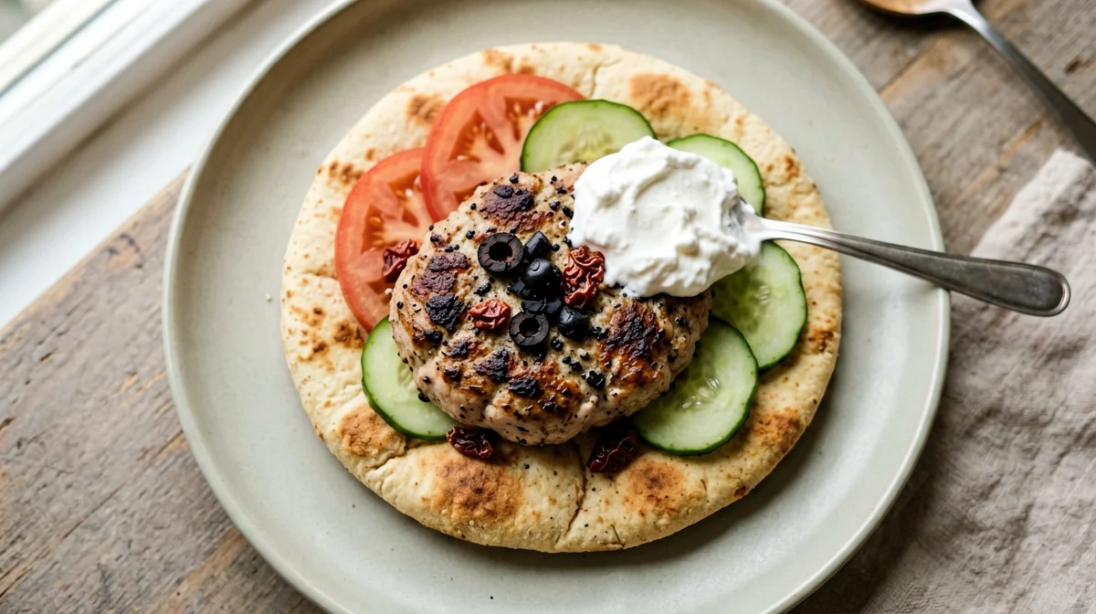 Hamburger di tacchino alla mediterranea con pane pita e verdure
