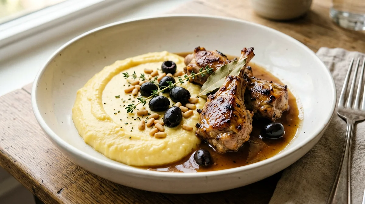 Ligurian rabbit with olives, pine nuts and polenta