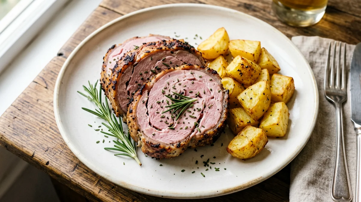 Porchetta-style rabbit roll with roast potatoes