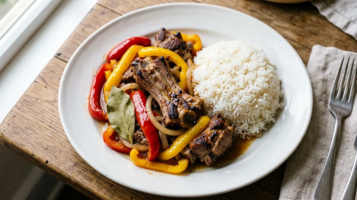 Rabbit with peppers and rice