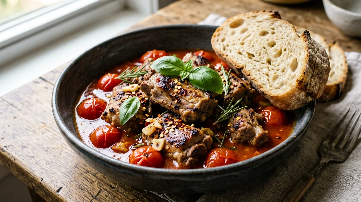 Coniglio all'ischitana con pane casereccio