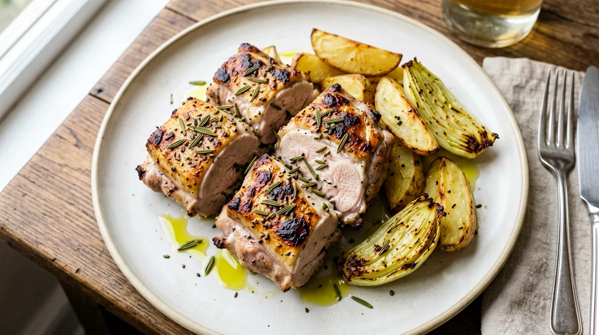 Coniglio al forno con patate e finocchi