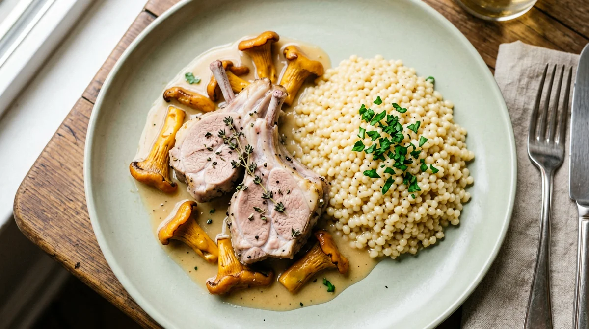 Rabbit with chanterelles and barley