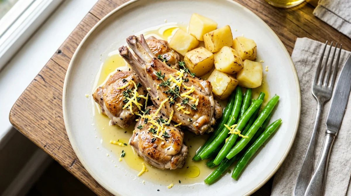 Lemon and thyme rabbit with green beans and potatoes