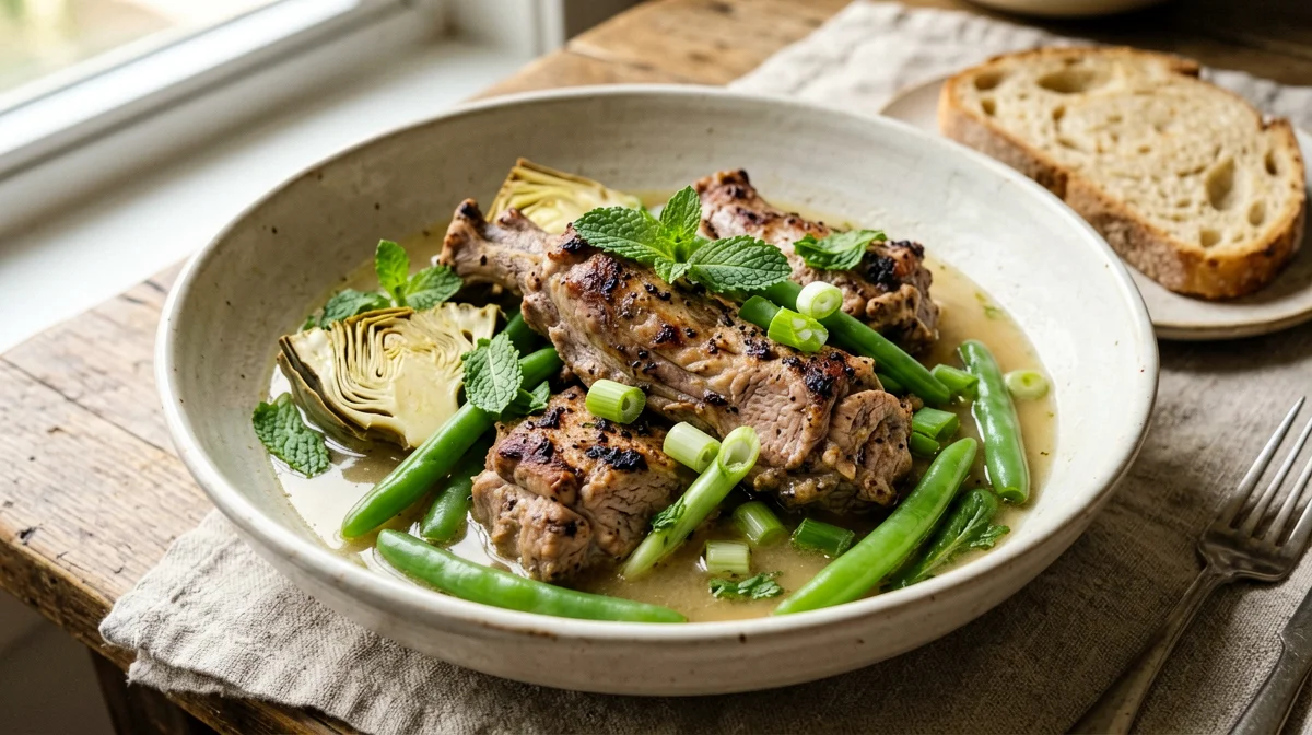 Coniglio con carciofi, fave e pane
