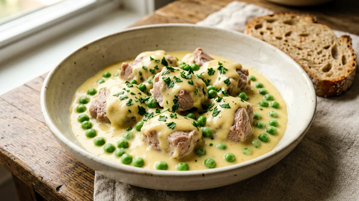 Fricassea di coniglio con piselli e pane