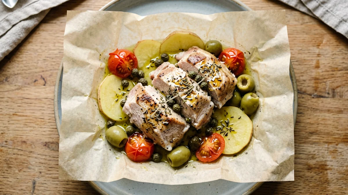 Coniglio al cartoccio con pomodorini, olive e patate