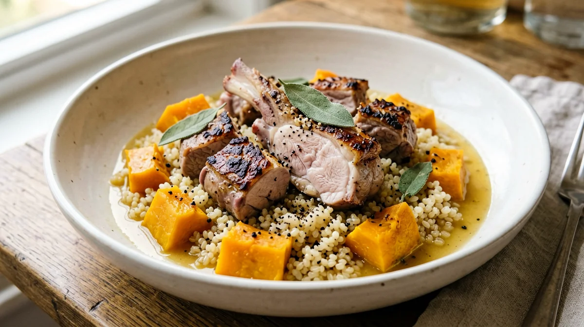 Rabbit with pumpkin, sage and farro