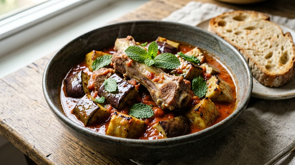 Coniglio con melanzane, pomodoro e menta