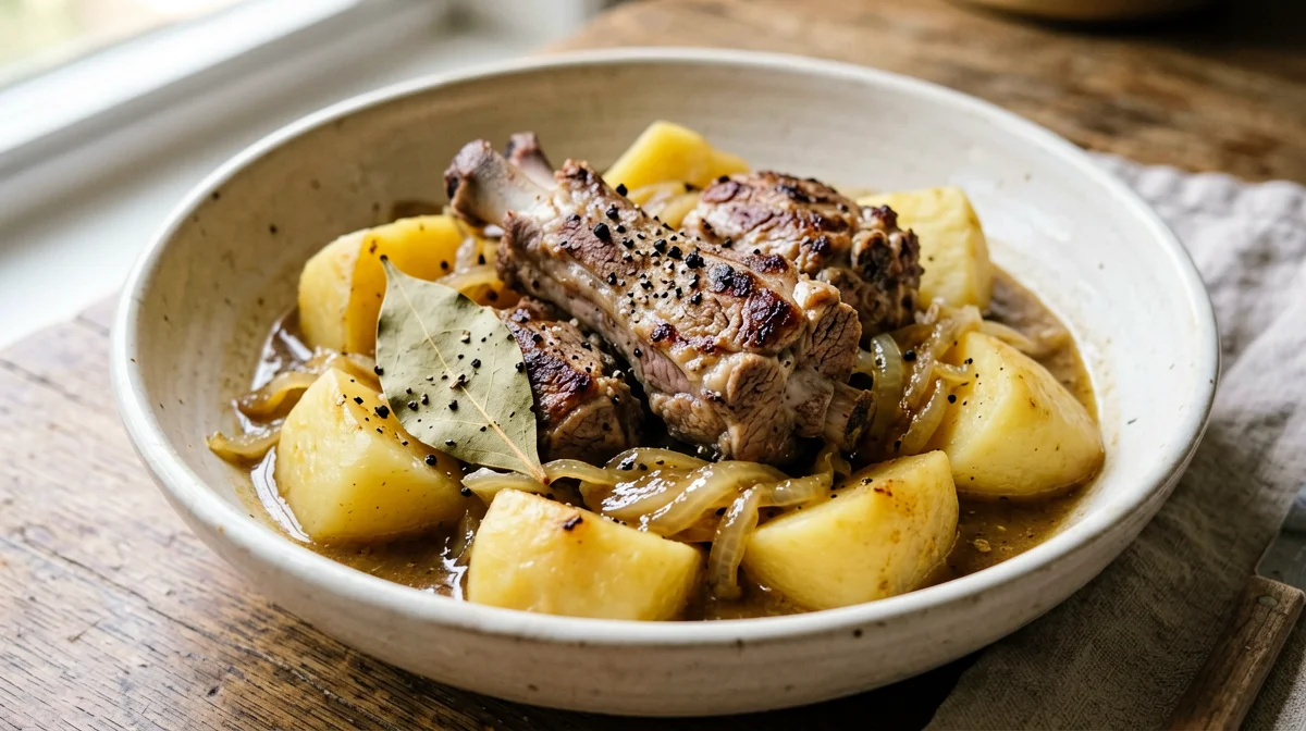 Coniglio con le cipolle e patate in tegame