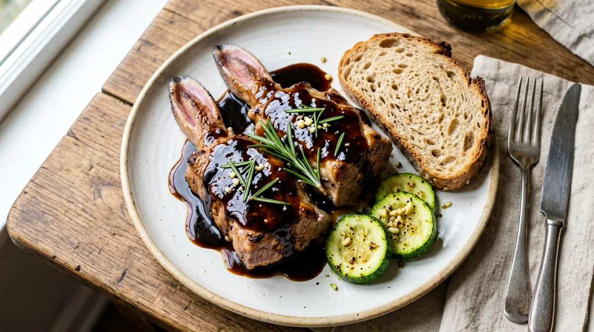 Balsamic rabbit with zucchini and bread