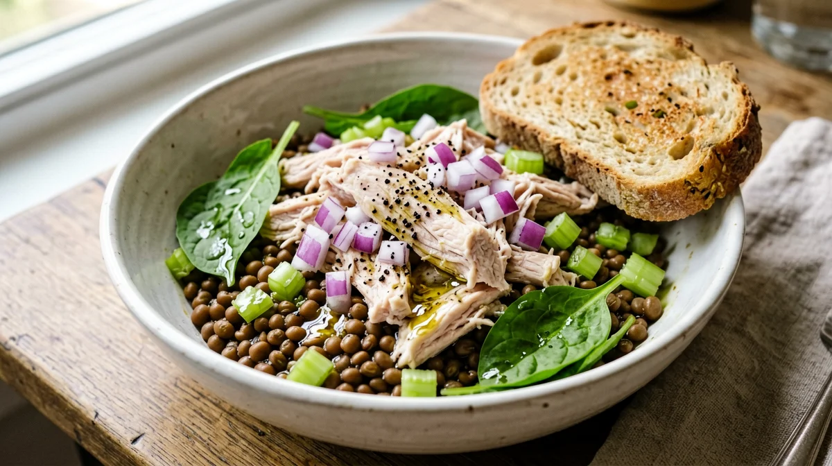 Insalata tiepida di coniglio con lenticchie e cipolla rossa