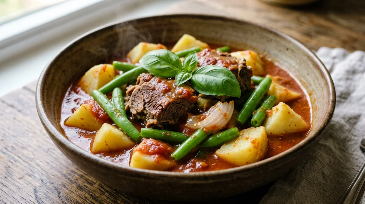 Rabbit with green beans in tomato and potatoes