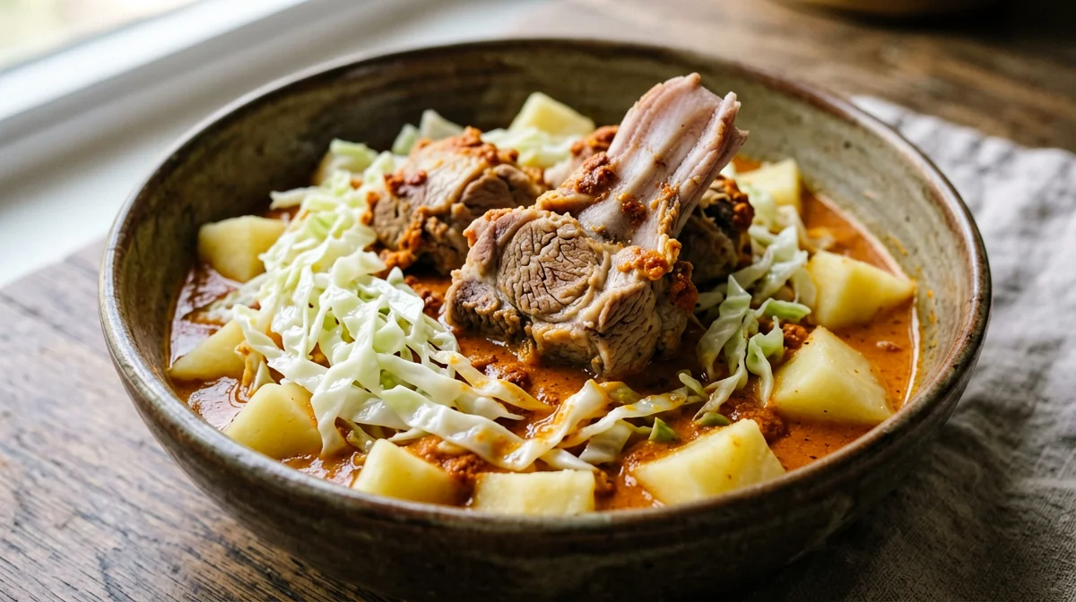 Paprika rabbit with cabbage and potatoes