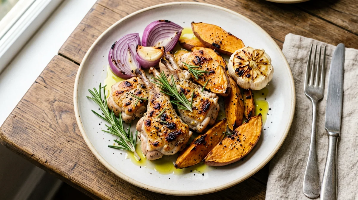 Coniglio al forno con patate dolci e cipolla rossa