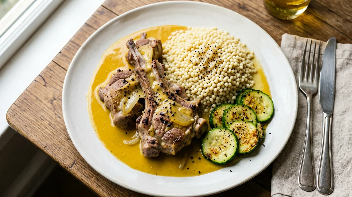 Saffron rabbit with barley and zucchini