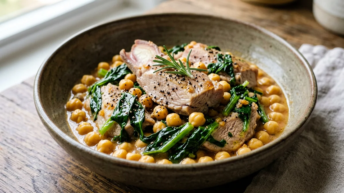 Coniglio con bietole e ceci