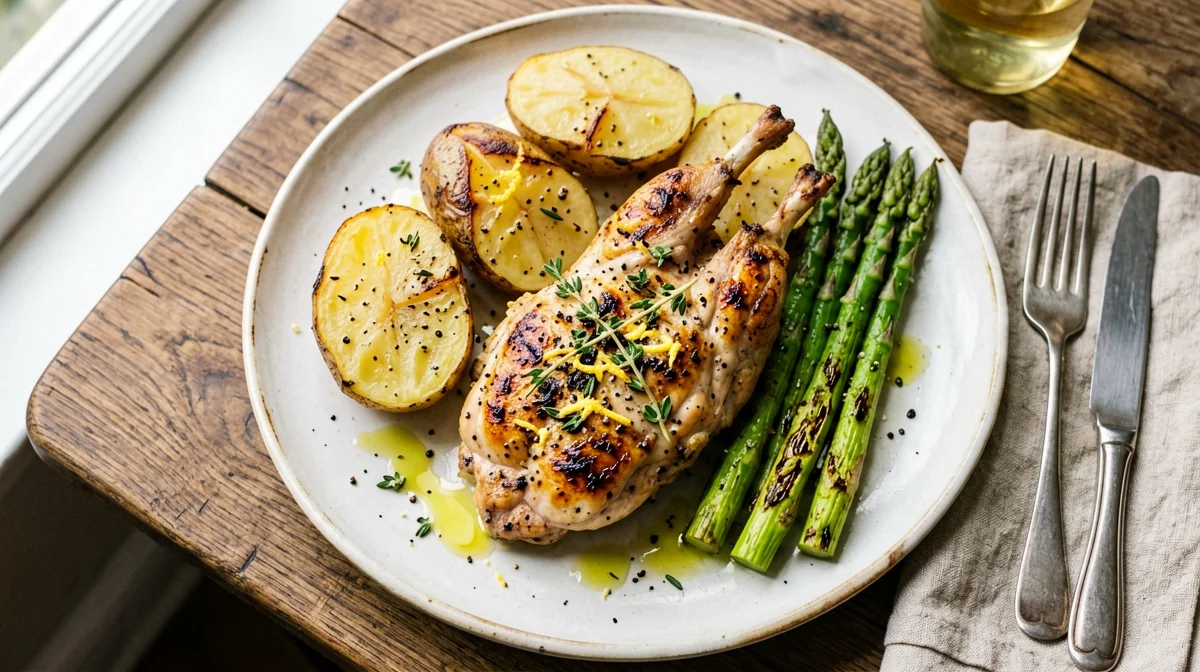 Coniglio arrosto con asparagi e patate novelle