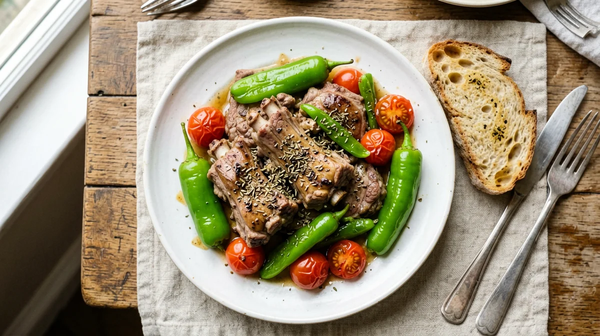 Rabbit with friggitelli peppers, cherry tomatoes and bread