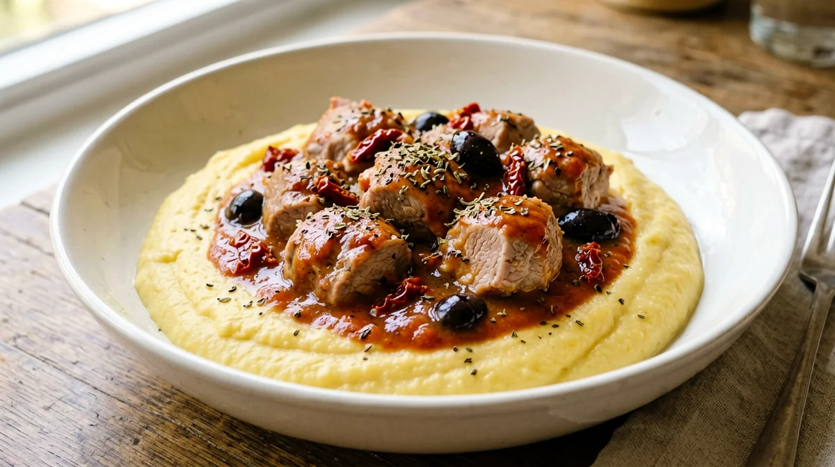 Rabbit with olives and sun-dried tomatoes on polenta