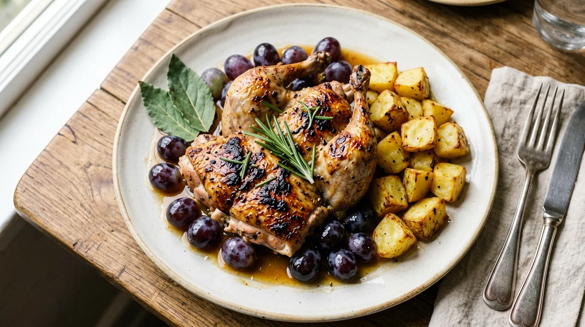 Guinea fowl with grapes and roast potatoes