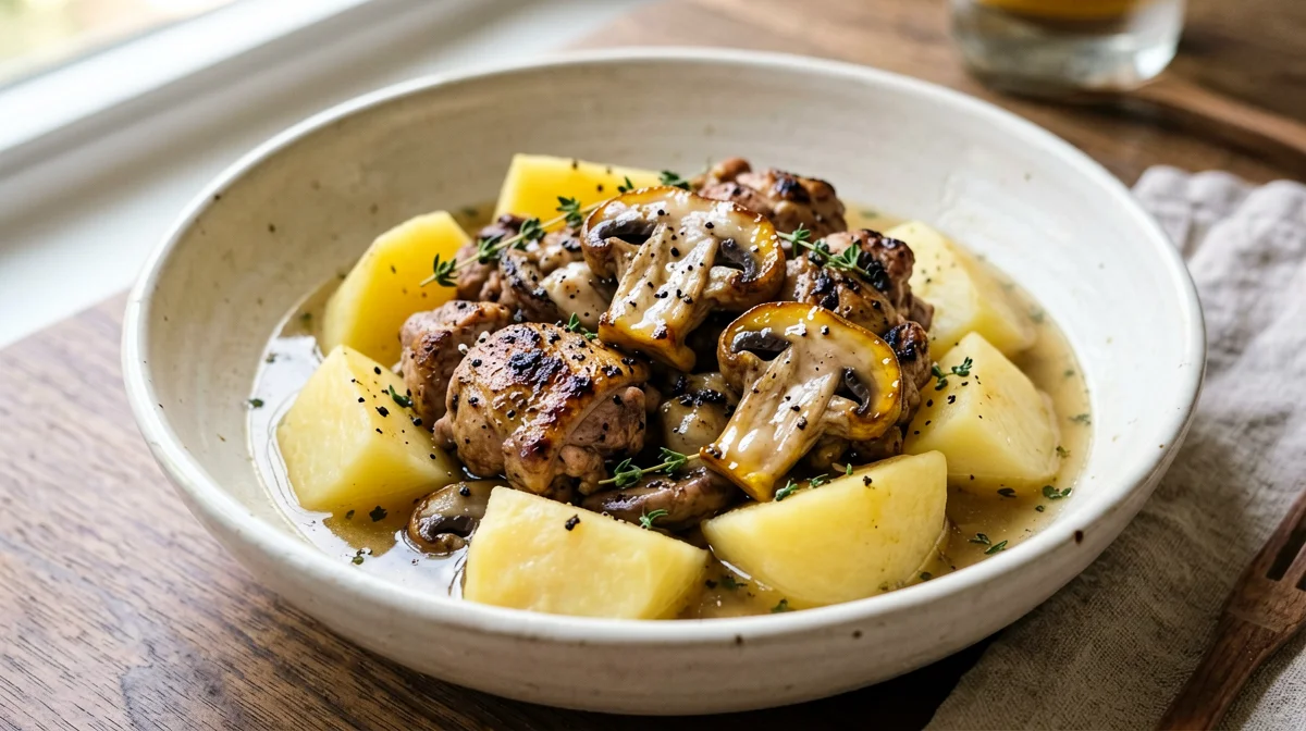 Faraona con funghi pleurotus e patate
