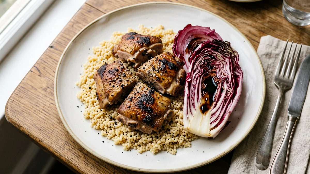 Faraona con radicchio brasato e farro