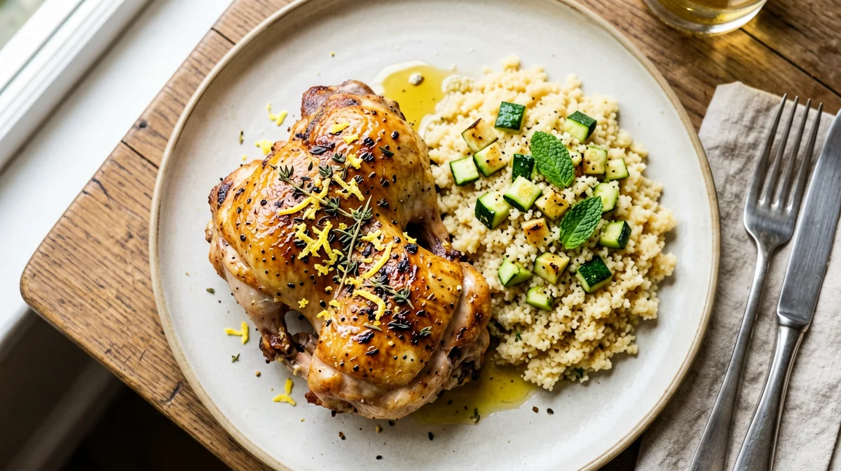 Lemon and thyme guinea fowl with zucchini couscous