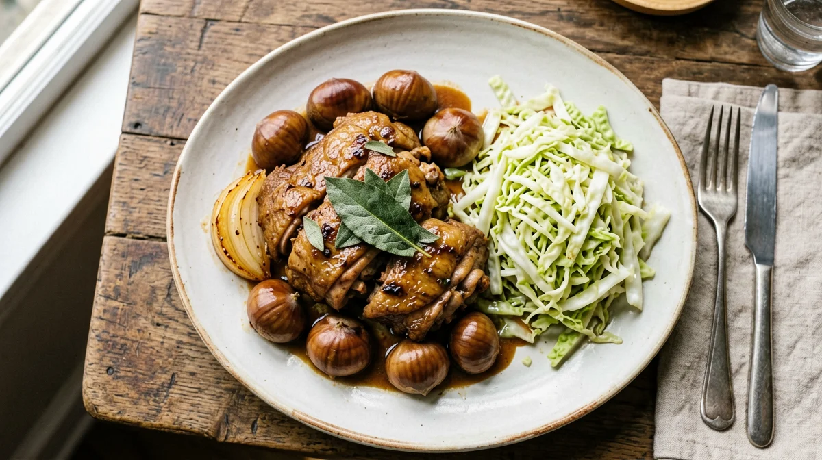 Guinea fowl with chestnuts and onions