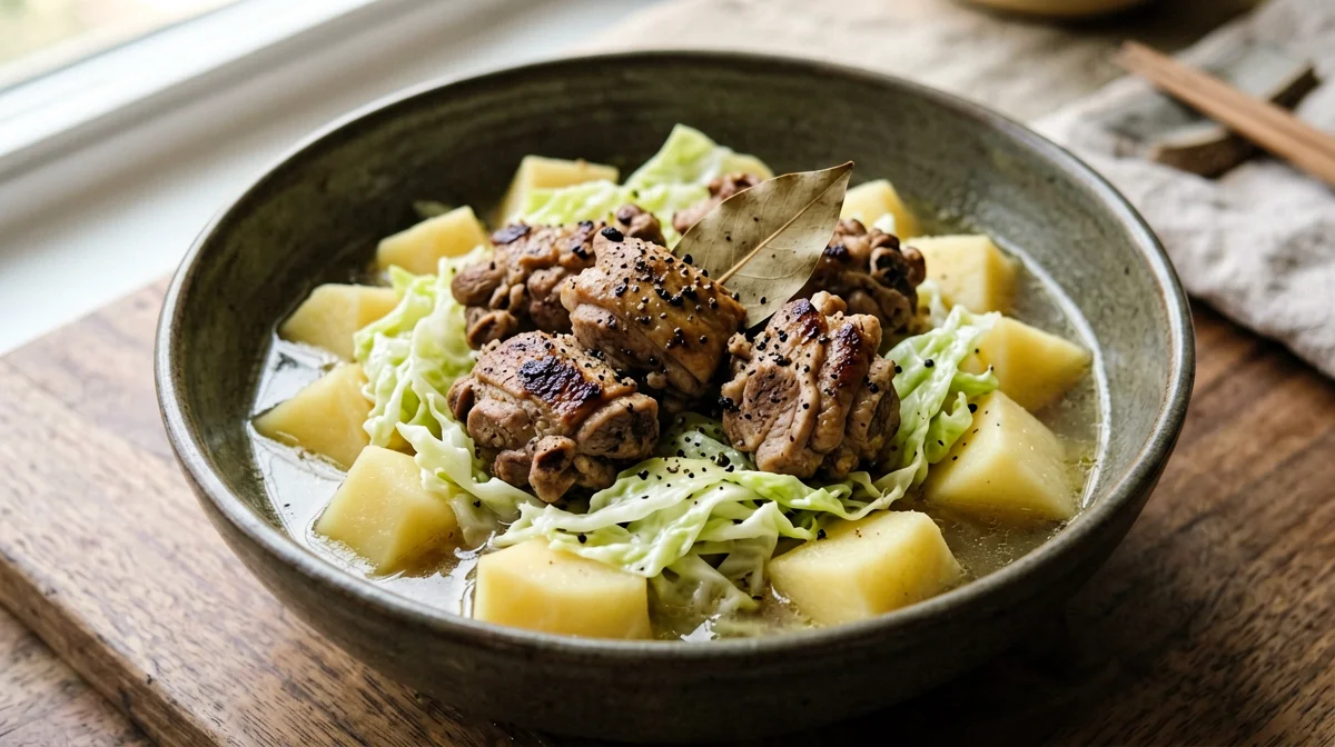 Faraona con verza e patate in casseruola