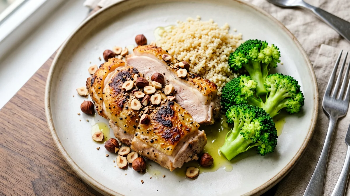 Petto di faraona in crosta di nocciole con broccoli e quinoa