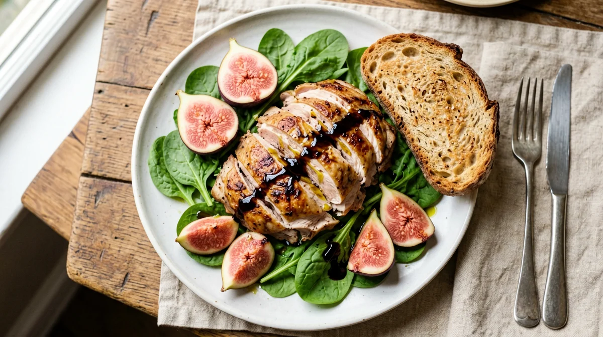 Faraona con fichi, rucola e pane