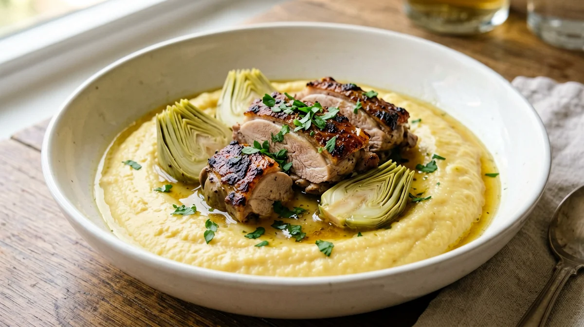 Faraona con carciofi e polenta morbida