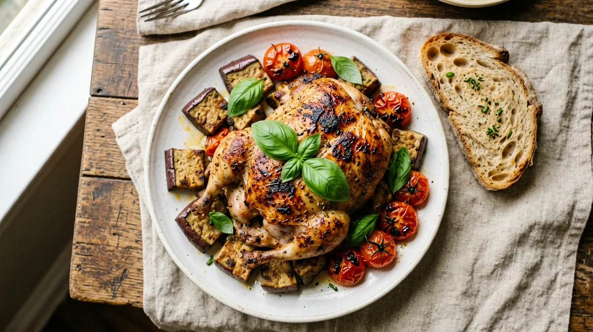 Baked guinea fowl with aubergine, cherry tomatoes and bread