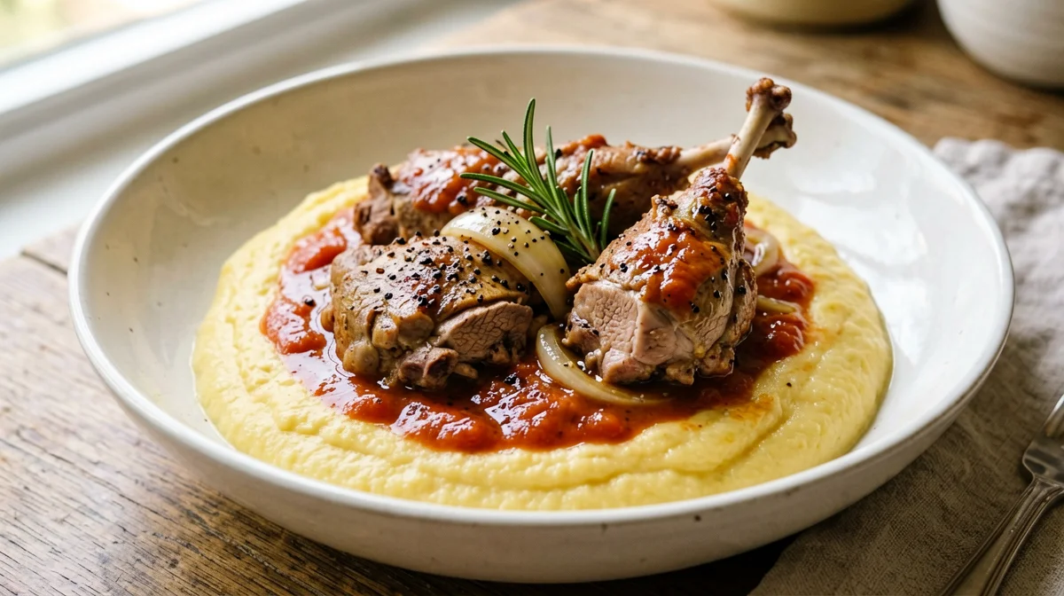 Faraona in umido al rosmarino con polenta