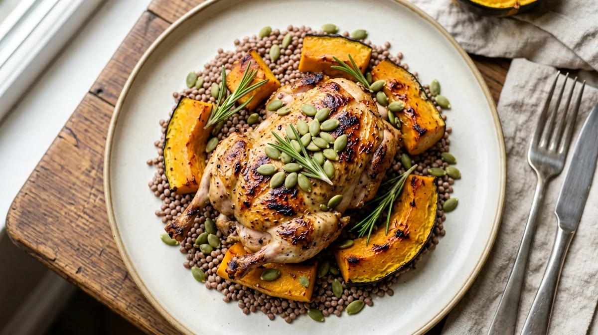 Guinea fowl with rosemary pumpkin and buckwheat