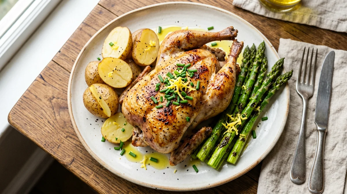 Faraona con asparagi e patate novelle