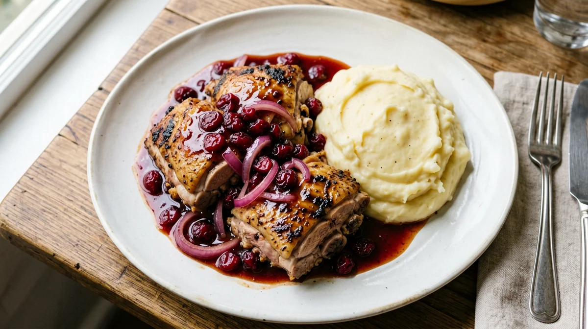 Guinea fowl with red onion and cranberries and mash