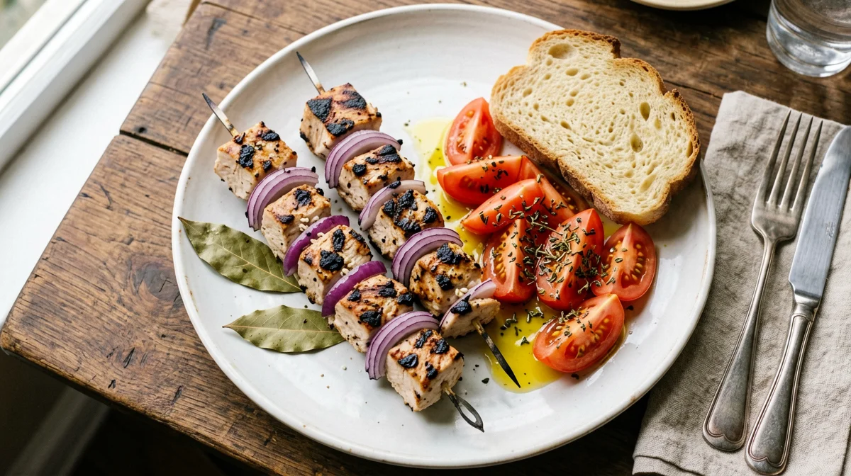 Spiedini di tacchino all'alloro con cipolla rossa e insalata di pomodori