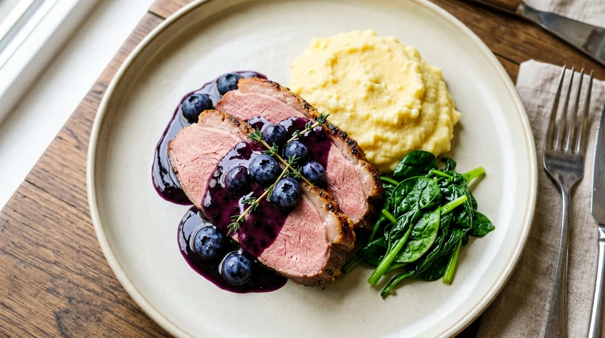 Duck breast with blueberries and polenta