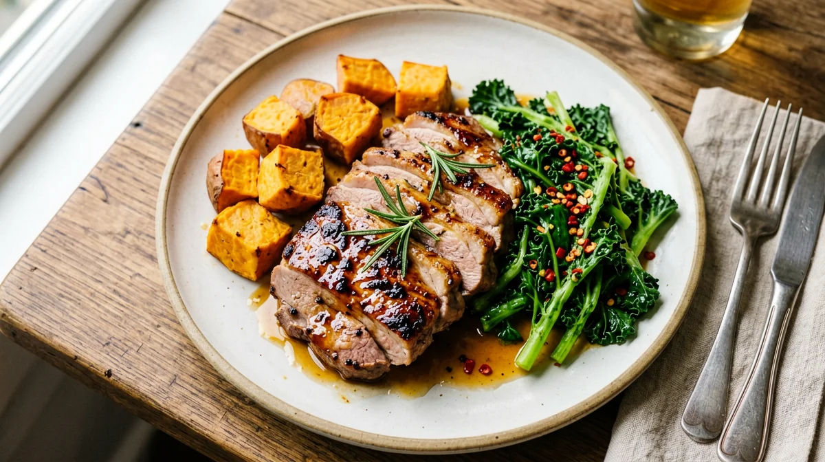 Honey and rosemary duck breast with sweet potatoes and cavolo nero