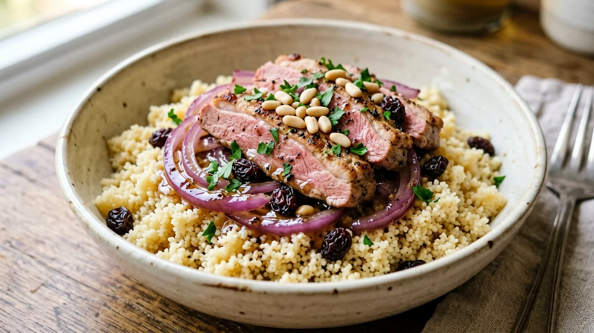 Straccetti d'anatra con cipolle rosse, uvetta e couscous