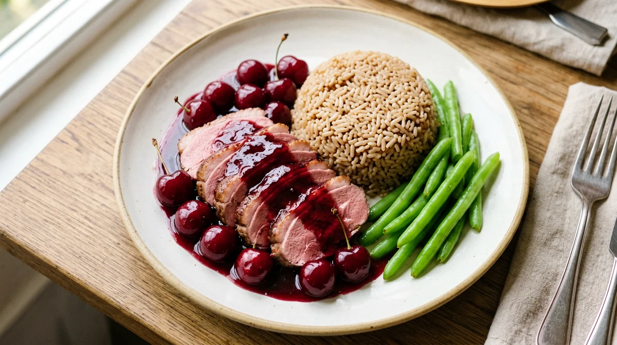 Duck breast with cherries, brown rice and green beans