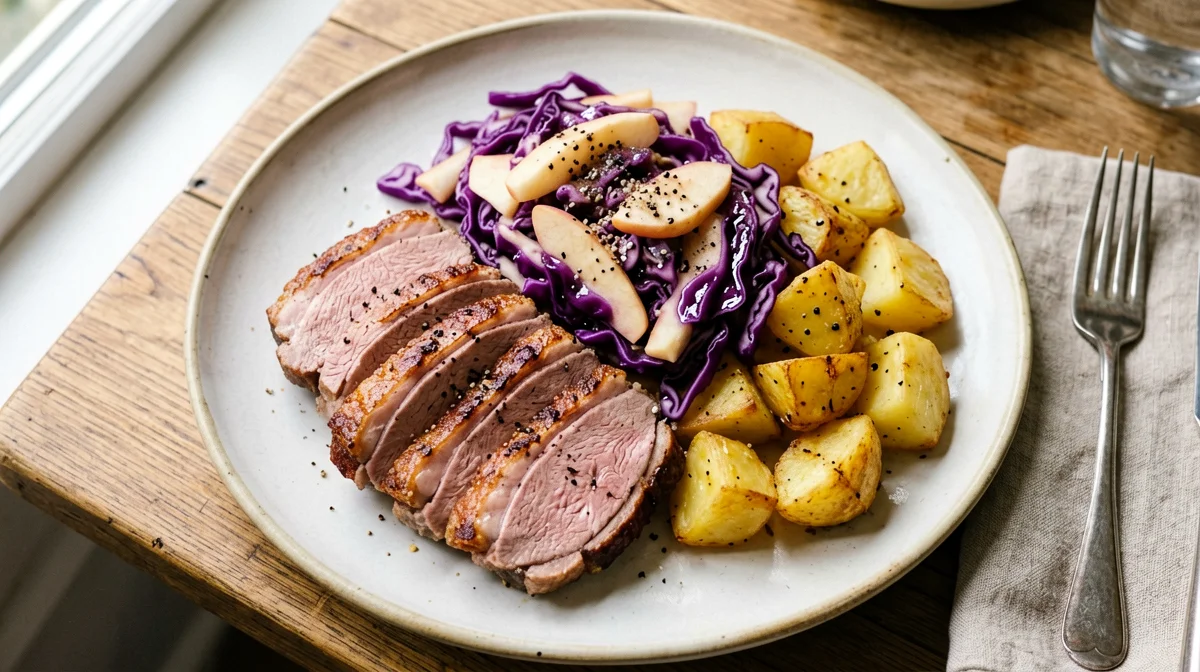 Duck breast with apple, red cabbage and potatoes