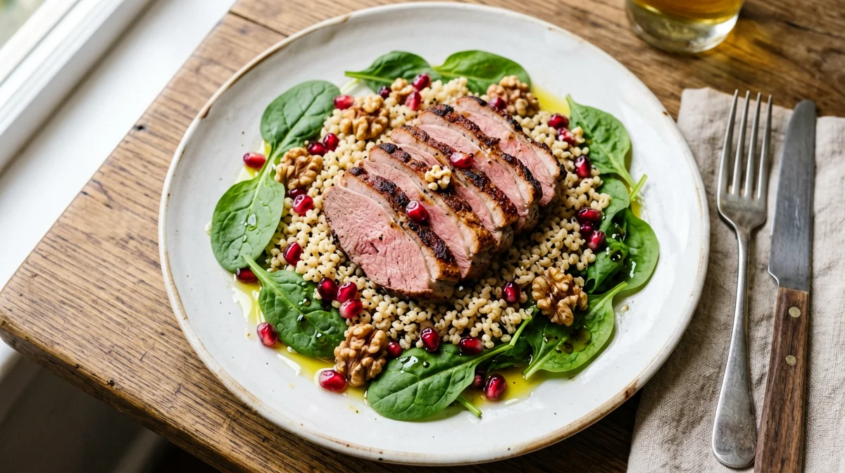 Insalata di anatra con melagrana, spinacini e farro