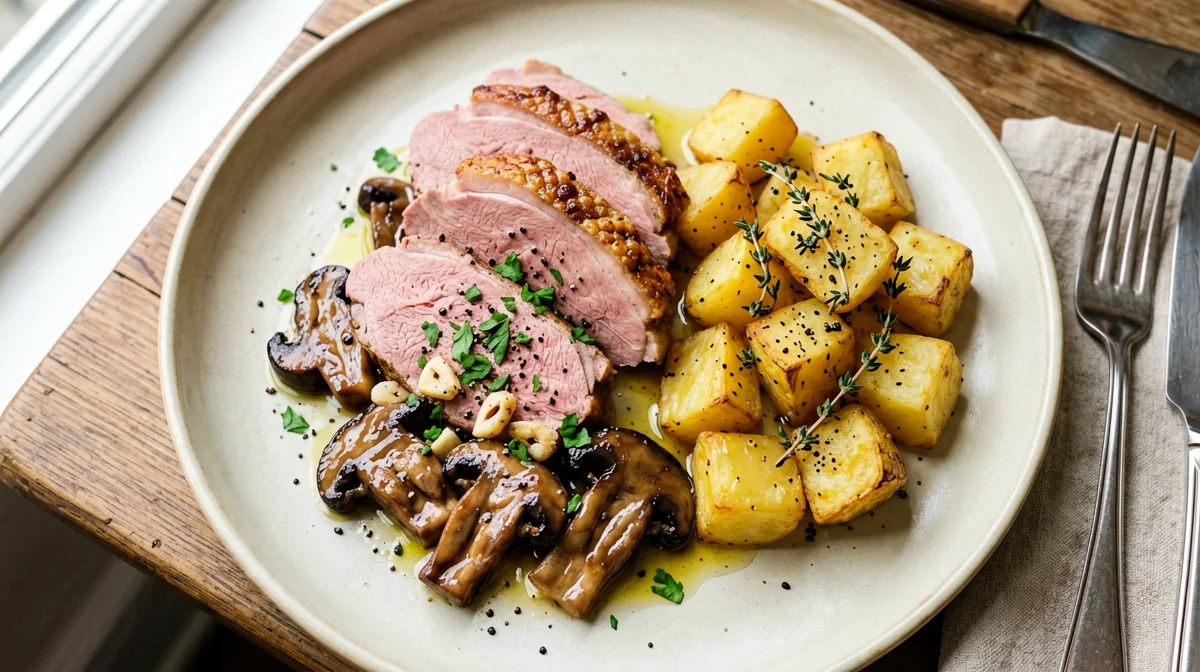 Duck breast with porcini and potatoes